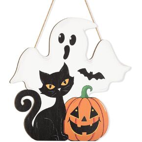 Halloween Decoration Wooden Ghost Door Wreath for Front Door Sign Wall Signs, Black Cat Pumpkin Happy Halloween Sign Hanging for Home Wall Decor Halloween Party Outdoor indoor Supply White Ghost