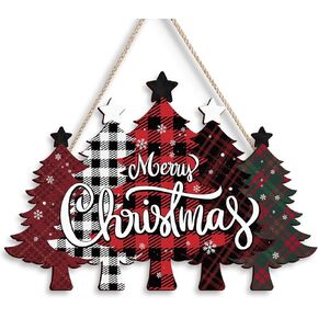Pigort Merry Christmas Sign for Front Door Christmas Tree Wooden Sign Decor Farmhouse Hanging Plaque for Porch Farmhouse Xmas Front Door Outdoor Home Decor