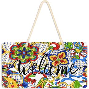 xigua Welcome Sign Front Porch Decor - Mexican Talavera Ornamental Ceramic Hanging Plaque Wall Decor for Home Farmhouse 6" X 11"
