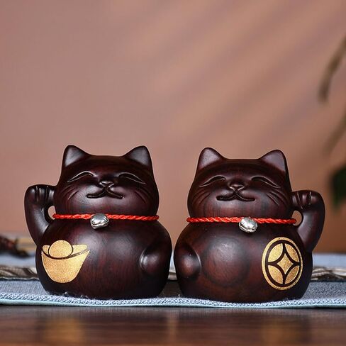 Cute Lucky Cat Statue,Mini Maneki Neko Set - 2 Antique Black Wood Cat,Fengshui Lucky Cat Figurine Animal Ornament for Home Office in Saudi Arabia