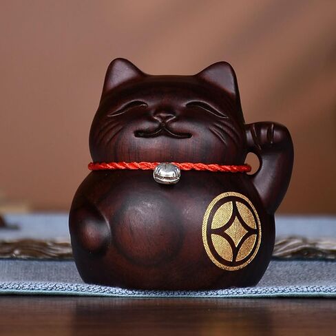 Cute Lucky Cat Statue,Mini Maneki Neko Set - 2 Antique Black Wood Cat,Fengshui Lucky Cat Figurine Animal Ornament for Home Office in Saudi Arabia