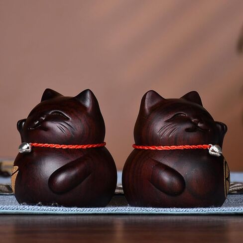 Cute Lucky Cat Statue,Mini Maneki Neko Set - 2 Antique Black Wood Cat,Fengshui Lucky Cat Figurine Animal Ornament for Home Office in Saudi Arabia