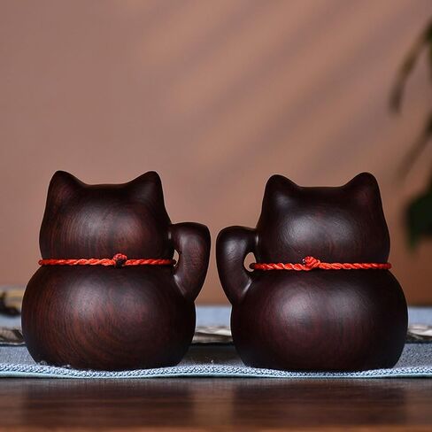 Cute Lucky Cat Statue,Mini Maneki Neko Set - 2 Antique Black Wood Cat,Fengshui Lucky Cat Figurine Animal Ornament for Home Office in Saudi Arabia