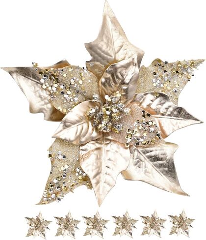 6pcs Artificial Christmas Poinsettias for Decoration, Glitter Flower Christmas Tree Ornaments Wedding Holiday Wreath Garland Decor with Clip(Champagne Gold) in Saudi Arabia
