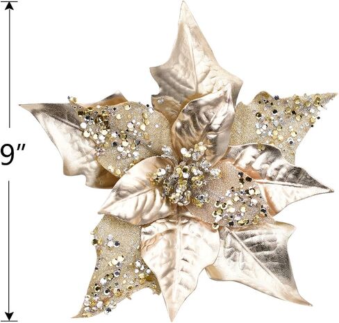 6pcs Artificial Christmas Poinsettias for Decoration, Glitter Flower Christmas Tree Ornaments Wedding Holiday Wreath Garland Decor with Clip(Champagne Gold) in Saudi Arabia