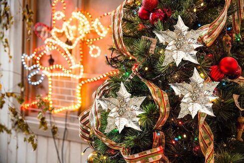 6pcs Artificial Christmas Poinsettias for Decoration, Glitter Flower Christmas Tree Ornaments Wedding Holiday Wreath Garland Decor with Clip(Champagne Gold) in Saudi Arabia