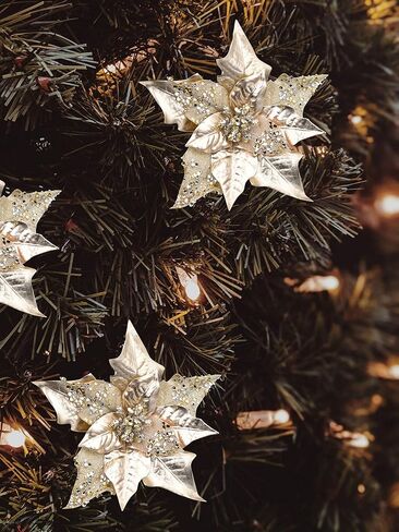 6pcs Artificial Christmas Poinsettias for Decoration, Glitter Flower Christmas Tree Ornaments Wedding Holiday Wreath Garland Decor with Clip(Champagne Gold) in Saudi Arabia
