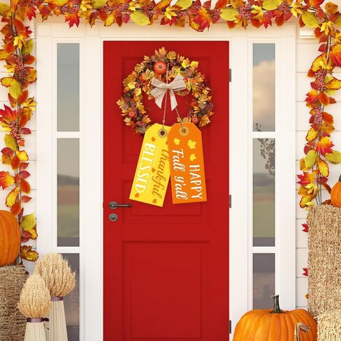 AnyDesign Happy Fall Y'all لافتة باب الخريف الحصاد الباب الأمامي شماعات الباب البرتقالي الأصفر مقبض الباب علامة معلقة مع القوس المباركة علامة خشبية شاكرة لعيد الشكر ديكور المنزل مزرعة جدار الشرفة in Saudi Arabia