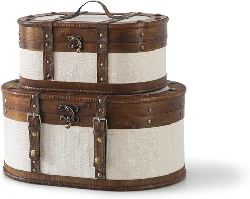 حقيبة قطار Soul & Lane العتيقة - مجموعة من 2، صناديق تخزين خشبية مغطاة بالقماش العتيق مع أغطية مفصلية، صندوق خشبي مزخرف على الطراز القديم، صندوق ذاكرة للتذكارات وديكور المنزل in Kuwait