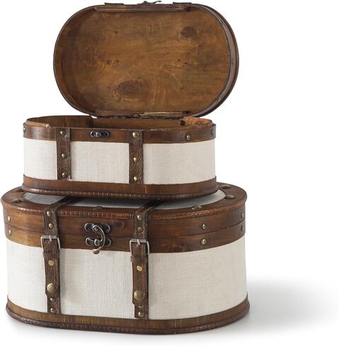 حقيبة قطار Soul & Lane العتيقة - مجموعة من 2، صناديق تخزين خشبية مغطاة بالقماش العتيق مع أغطية مفصلية، صندوق خشبي مزخرف على الطراز القديم، صندوق ذاكرة للتذكارات وديكور المنزل in Kuwait