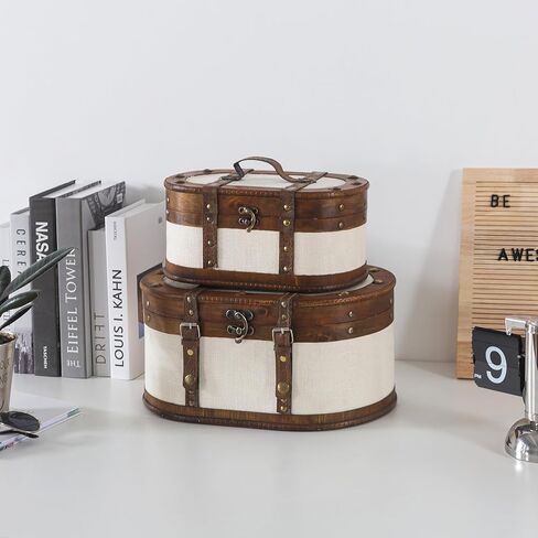 حقيبة قطار Soul & Lane العتيقة - مجموعة من 2، صناديق تخزين خشبية مغطاة بالقماش العتيق مع أغطية مفصلية، صندوق خشبي مزخرف على الطراز القديم، صندوق ذاكرة للتذكارات وديكور المنزل in Kuwait