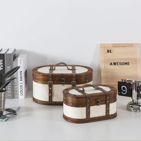 حقيبة قطار Soul & Lane العتيقة - مجموعة من 2، صناديق تخزين خشبية مغطاة بالقماش العتيق مع أغطية مفصلية، صندوق خشبي مزخرف على الطراز القديم، صندوق ذاكرة للتذكارات وديكور المنزل in Kuwait