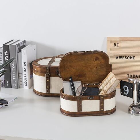 حقيبة قطار Soul & Lane العتيقة - مجموعة من 2، صناديق تخزين خشبية مغطاة بالقماش العتيق مع أغطية مفصلية، صندوق خشبي مزخرف على الطراز القديم، صندوق ذاكرة للتذكارات وديكور المنزل in Kuwait