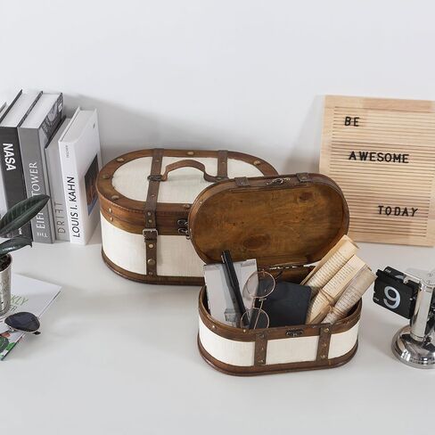 حقيبة قطار Soul & Lane العتيقة - مجموعة من 2، صناديق تخزين خشبية مغطاة بالقماش العتيق مع أغطية مفصلية، صندوق خشبي مزخرف على الطراز القديم، صندوق ذاكرة للتذكارات وديكور المنزل in Kuwait