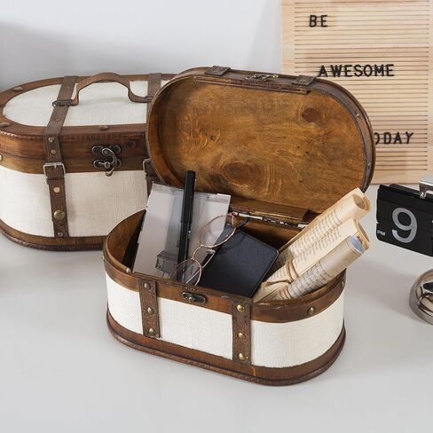 حقيبة قطار Soul & Lane العتيقة - مجموعة من 2، صناديق تخزين خشبية مغطاة بالقماش العتيق مع أغطية مفصلية، صندوق خشبي مزخرف على الطراز القديم، صندوق ذاكرة للتذكارات وديكور المنزل in Kuwait