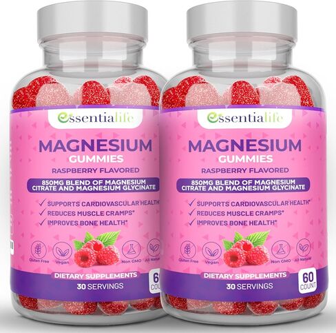 Magnesium Gummies 2 Packs Essentialife 100mg Per Serving - Blend of Magnesium Citrate & Magnesium Glycinate - Supports Healthy Digestion - Stay Calm & Energetic with Magnesium Supplements for Sleep in Saudi Arabia