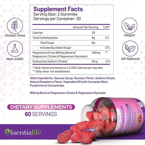 Magnesium Gummies 2 Packs Essentialife 100mg Per Serving - Blend of Magnesium Citrate & Magnesium Glycinate - Supports Healthy Digestion - Stay Calm & Energetic with Magnesium Supplements for Sleep in Saudi Arabia