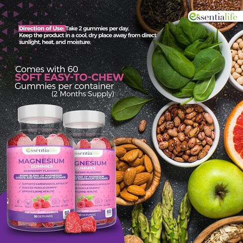 Magnesium Gummies 2 Packs Essentialife 100mg Per Serving - Blend of Magnesium Citrate & Magnesium Glycinate - Supports Healthy Digestion - Stay Calm & Energetic with Magnesium Supplements for Sleep in Saudi Arabia