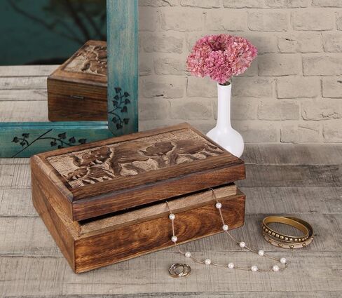 STORE INDYA خشبي مصنوع يدويًا مزخرف شجرة الحياة صندوق مجوهرات خشبي صندوق الكنز منظم المجوهرات صندوق تذكار صندوق الكنز حامل حلية صندوق قفل صندوق ساعة هدايا لها (عتيق) in Kuwait