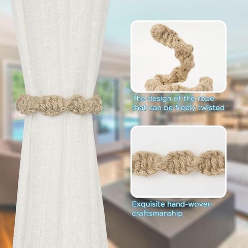 NICEEC 2 Pack Natural Jute Rope Curtain Tiebacks Farmhouse Rustic Style Decorative Drape Tie Backs Spiral Braided Curtain Holdbacks for Home & Office Sheer/Light Weight Drapery (Jute-Natural) in Saudi Arabia