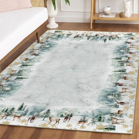 Artoid Mode Deer Snowflakes Pine Tree Christmas Area Rug, Xmas Winter Home Decor Low-Profile Washable Area Rugs for Entryway Bedroom Living Room Laundry Room Indoor 5x7 Feet in Saudi Arabia