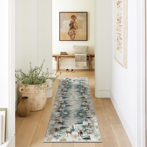 Artoid Mode Deer Snowflakes Pine Tree Christmas Area Rug, Xmas Winter Home Decor Low-Profile Washable Area Rugs for Entryway Bedroom Living Room Laundry Room Indoor 5x7 Feet in Saudi Arabia