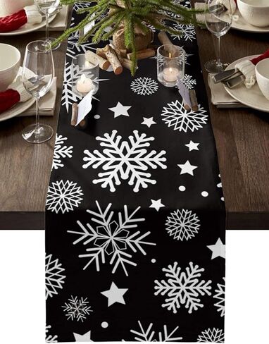 Table Runners 90 inches Long, Christmas White Snowflake Black Background Table Runner Farmhouse Dresser Scarves,Decortaive Table Runner Cover for Dining Coffee Table Holiday Party Wedding in Kuwait