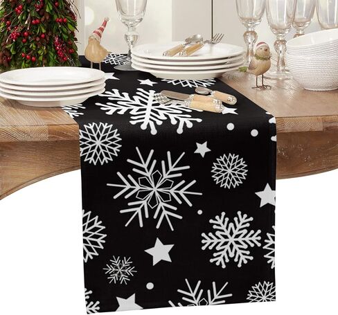 Table Runners 90 inches Long, Christmas White Snowflake Black Background Table Runner Farmhouse Dresser Scarves,Decortaive Table Runner Cover for Dining Coffee Table Holiday Party Wedding in Kuwait