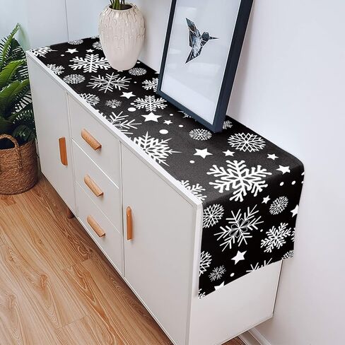 Table Runners 90 inches Long, Christmas White Snowflake Black Background Table Runner Farmhouse Dresser Scarves,Decortaive Table Runner Cover for Dining Coffee Table Holiday Party Wedding in Kuwait