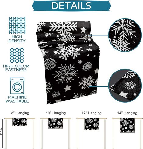 Table Runners 90 inches Long, Christmas White Snowflake Black Background Table Runner Farmhouse Dresser Scarves,Decortaive Table Runner Cover for Dining Coffee Table Holiday Party Wedding in Kuwait