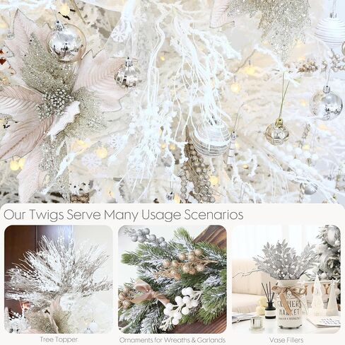 Sea Team 24-Pack Artificial Glitter Berry Stem Ornaments, Decorative Bead Sticks, Glittery Twigs, Picks, Branches for Christmas Tree, Small Vase, Holiday, Wedding, Party (15 Inches, White) in Saudi Arabia