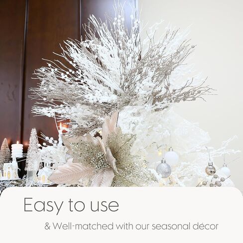 Sea Team 24-Pack Artificial Glitter Berry Stem Ornaments, Decorative Bead Sticks, Glittery Twigs, Picks, Branches for Christmas Tree, Small Vase, Holiday, Wedding, Party (15 Inches, White) in Saudi Arabia