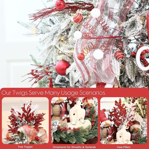 Sea Team 24-Pack Artificial Glitter Berry Stem Ornaments, Decorative Bead Sticks, Glittery Twigs, Picks, Branches for Christmas Tree, Small Vase, Holiday, Wedding, Party (15 Inches, White) in Saudi Arabia