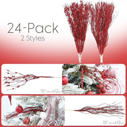 Sea Team 24-Pack Artificial Glitter Berry Stem Ornaments, Decorative Bead Sticks, Glittery Twigs, Picks, Branches for Christmas Tree, Small Vase, Holiday, Wedding, Party (15 Inches, White) in Saudi Arabia