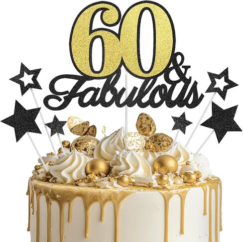 60 & Fabulous Cake Topper, 60th Birthday Cake Toppers, 60 and Fabulous Birthday Cake Decorations for 60th Birthday Party Decor for Men Women, Black Gold in Kuwait