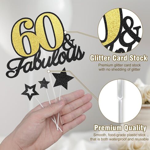 60 & Fabulous Cake Topper, 60th Birthday Cake Toppers, 60 and Fabulous Birthday Cake Decorations for 60th Birthday Party Decor for Men Women, Black Gold in Kuwait