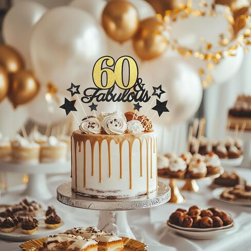 60 & Fabulous Cake Topper, 60th Birthday Cake Toppers, 60 and Fabulous Birthday Cake Decorations for 60th Birthday Party Decor for Men Women, Black Gold in Kuwait