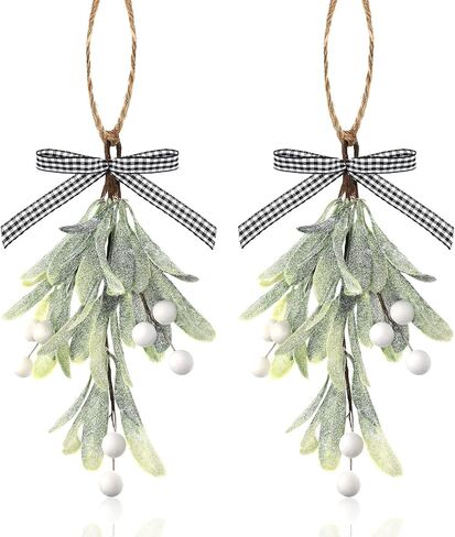 Dilunave Artificial Mistletoe Pick Buffalo Plaid Bow White Berries Mistletoe Kissing Ball Christmas Mistletoe Hanging Ornament Christmas Tree Ornaments for Christmas Party Tree Decorations (2 Pieces) in Kuwait