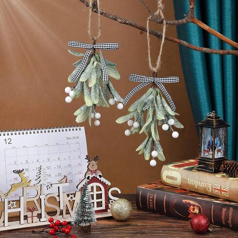 Dilunave Artificial Mistletoe Pick Buffalo Plaid Bow White Berries Mistletoe Kissing Ball Christmas Mistletoe Hanging Ornament Christmas Tree Ornaments for Christmas Party Tree Decorations (2 Pieces) in Kuwait