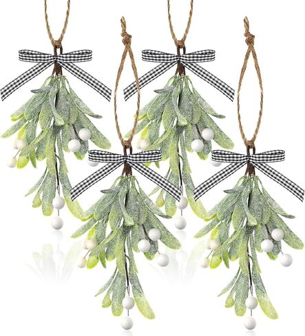 Dilunave Artificial Mistletoe Pick Buffalo Plaid Bow White Berries Mistletoe Kissing Ball Christmas Mistletoe Hanging Ornament Christmas Tree Ornaments for Christmas Party Tree Decorations (2 Pieces) in Kuwait