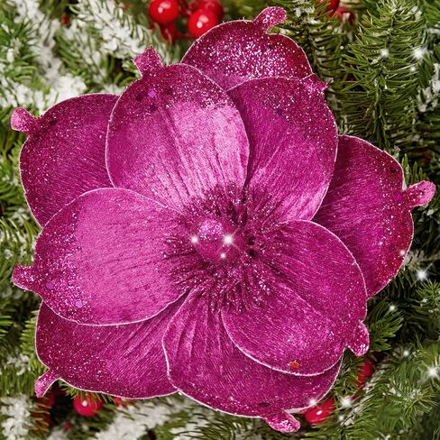 Serwalin 8" Large Christmas Flowers, 6Pcs Glitter Hot Pink Christmas Magnolia Flowers Christmas Tree Ornaments, Artificial Velvet Poinsettia for Xmas Trees Wedding Party New Year Decoration in Saudi Arabia