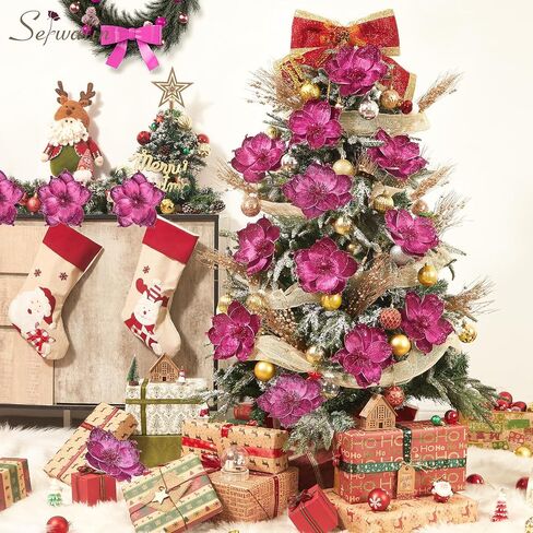 Serwalin 8" Large Christmas Flowers, 6Pcs Glitter Hot Pink Christmas Magnolia Flowers Christmas Tree Ornaments, Artificial Velvet Poinsettia for Xmas Trees Wedding Party New Year Decoration in Saudi Arabia