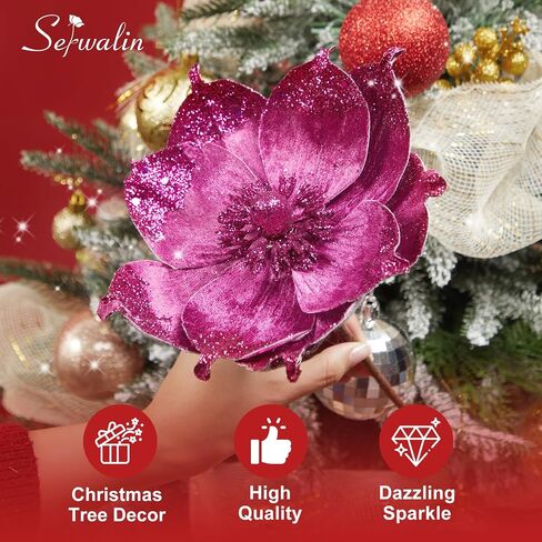 Serwalin 8" Large Christmas Flowers, 6Pcs Glitter Hot Pink Christmas Magnolia Flowers Christmas Tree Ornaments, Artificial Velvet Poinsettia for Xmas Trees Wedding Party New Year Decoration in Saudi Arabia