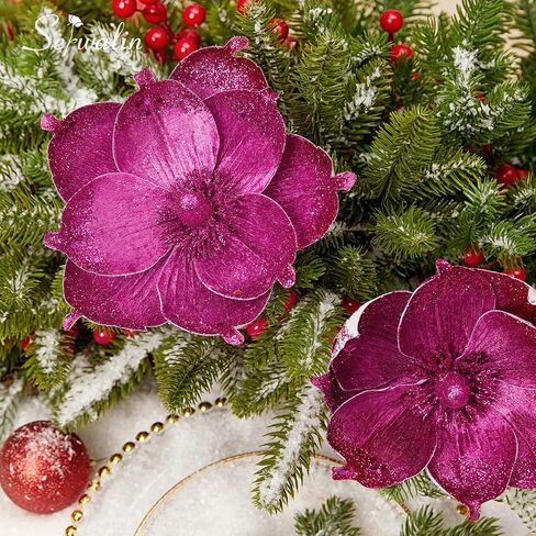 Serwalin 8" Large Christmas Flowers, 6Pcs Glitter Hot Pink Christmas Magnolia Flowers Christmas Tree Ornaments, Artificial Velvet Poinsettia for Xmas Trees Wedding Party New Year Decoration in Saudi Arabia