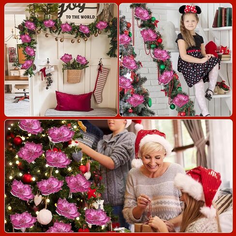 Serwalin 8" Large Christmas Flowers, 6Pcs Glitter Hot Pink Christmas Magnolia Flowers Christmas Tree Ornaments, Artificial Velvet Poinsettia for Xmas Trees Wedding Party New Year Decoration in Saudi Arabia