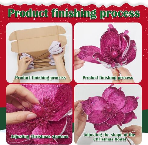 Serwalin 8" Large Christmas Flowers, 6Pcs Glitter Hot Pink Christmas Magnolia Flowers Christmas Tree Ornaments, Artificial Velvet Poinsettia for Xmas Trees Wedding Party New Year Decoration in Saudi Arabia