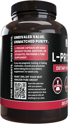PURE ORIGINAL INGREDIENTS L-Proline (365 Capsules) No Magnesium Or Rice Fillers, Always Pure, Lab Verified in Saudi Arabia
