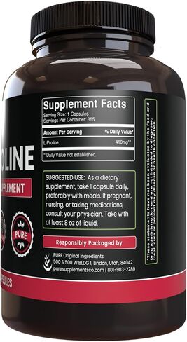 PURE ORIGINAL INGREDIENTS L-Proline (365 Capsules) No Magnesium Or Rice Fillers, Always Pure, Lab Verified in Saudi Arabia