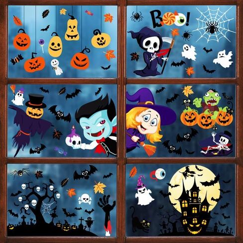 9 أوراق ملصقات نافذة الهالوين، 202 قطعة ديكورات نوافذ الهالوين اللطيفة للأطفال، ملصقات نوافذ الهالوين، ملصقات نافذة الهالوين قابلة للإزالة على الوجهين لديكورات حفلات الهالوين in Kuwait
