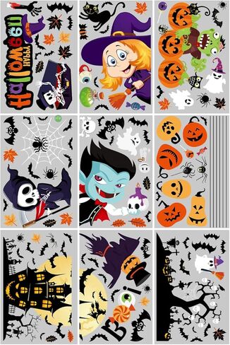 9 أوراق ملصقات نافذة الهالوين، 202 قطعة ديكورات نوافذ الهالوين اللطيفة للأطفال، ملصقات نوافذ الهالوين، ملصقات نافذة الهالوين قابلة للإزالة على الوجهين لديكورات حفلات الهالوين in Kuwait